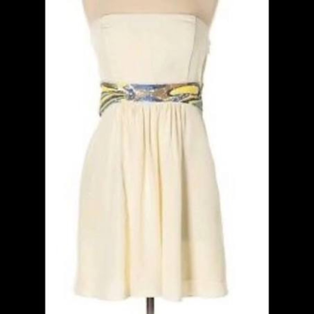 NWT Tibi Silk Cream Strapless Dress with Sequined Banded Empire Waist